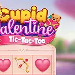 Vaaleanpunasävyinen kuva, jossa on teksti Cupid Valentine Tic-Tac-Toe, kupido, nallekarhu ja sydämiä sisältävä ristikko