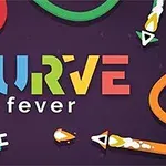 Värikkäitä käyriä ja muotoja tummalla taustalla, keskellä teksti curve fever