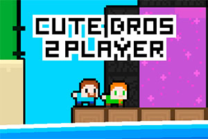 Kaksi pikselityylistä hahmoa seisoo rakennelman edessä, jossa lukee Cute Bros 2 Player, taustalla näkyy sinistä taivasta ja pinkkiä seinää