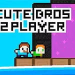 Kaksi pikselityylistä hahmoa seisoo rakennelman edessä, jossa lukee Cute Bros 2 Player, taustalla näkyy sinistä taivasta ja pinkkiä seinää