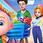 Perhe ostoksilla supermarketissa, jossa on hymyilevä lapsi ja ostoskärry täynnä tuotteita