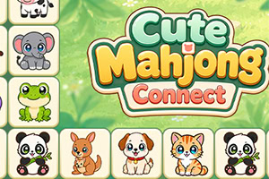 Vihreällä taustalla värikäs Cute Mahjong Connect -logo ja ruudukossa söpöjä eläinhahmoja, kuten koala, sammakko, panda, kenguru, koira ja kissa