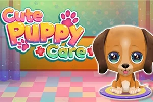 Söpö animaatiokoiranpentu istuu huoneessa, jossa on värikäs lattia ja tausta, ja ylhäällä teksti Cute Puppy Care