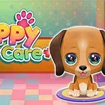 Söpö animaatiokoiranpentu istuu huoneessa, jossa on värikäs lattia ja tausta, ja ylhäällä teksti Cute Puppy Care