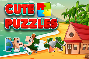 Rantamaisema, jossa on palmuja, talo ja palapelin palasia, sekä kirkkaanvärinen teksti Cute Puzzles