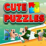 Rantamaisema, jossa on palmuja, talo ja palapelin palasia, sekä kirkkaanvärinen teksti Cute Puzzles