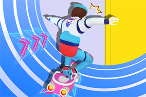 Henkilö lumilautailuasennossa värikkäällä hoverboardilla sinisellä taustalla