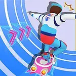Henkilö lumilautailuasennossa värikkäällä hoverboardilla sinisellä taustalla