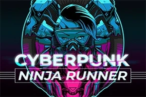 Kyberpunk-henkinen hahmo maskin ja erottuvan kampauksen kanssa kirkkaissa neonväreissä, jossa teksti CYBERPUNK NINJA RUNNER