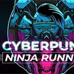 Kyberpunk-henkinen hahmo maskin ja erottuvan kampauksen kanssa kirkkaissa neonväreissä, jossa teksti CYBERPUNK NINJA RUNNER
