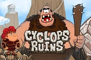 Sarjakuvamainen kuva, jossa on punapäinen sotilas ja suuri yksisilmäinen jättiläinen piikikkäällä nuijalla, sekä Cyclops Ruins -teksti