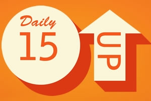 Oranssilla taustalla on valkoinen ympyrä tekstillä Daily 15 ja ylöspäin osoittava nuoli tekstillä UP