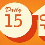 Oranssilla taustalla on valkoinen ympyrä tekstillä Daily 15 ja ylöspäin osoittava nuoli tekstillä UP