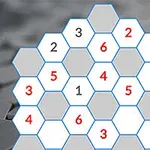 Kuvassa on kuusikulmioista muodostuva ruudukko, jossa on numeroita 1-6 punaisella ja mustalla