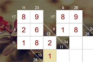 Sudoku-tyyppinen numeroruudukko, jossa on osittain täytettyjä ja tyhjiä ruutuja, taustalla himmeästi näkyviä kukkia