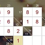 Sudoku-tyyppinen numeroruudukko, jossa on osittain täytettyjä ja tyhjiä ruutuja, taustalla himmeästi näkyviä kukkia