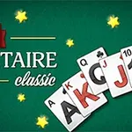 Vihreällä taustalla korttipino, jossa on pelikortteja, ja teksti daily SOLITAIRE classic ympäröitynä keltaisilla tähdillä