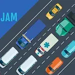 Ilmakuvanäkymä ruuhkaisesta tiestä, jolla on erivärisiä autoja ja ambulanssi