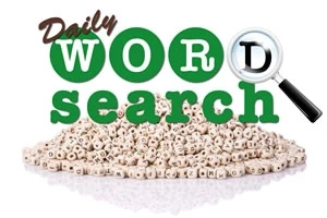 Pino kirjaimilla varustettuja noppia ja teksti Daily Word Search suurennuslasin kera