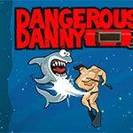 Sharkki ja mies kohtaavat veden alla tappeluasennossa, taustalla on punainen teksti