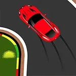 Punainen auto ajaa kaarteessa radalla, jossa on värikkäitä reunaviivoja