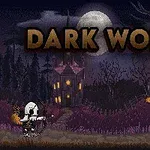 Kaksi luurankohahmoa taistelevat synkässä metsässä, taustalla kuu, vanha talo ja Dark World -teksti