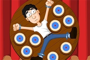 Dart Wheel Piirroshahmo kiinnitettynÀ pyöreÀÀn pyörivÀÀn tauluun, jossa on maalitauluja ympÀrillÀ