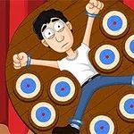 Dart Wheel Piirroshahmo kiinnitettynÀ pyöreÀÀn pyörivÀÀn tauluun, jossa on maalitauluja ympÀrillÀ