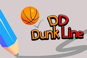 Sinisellä kynällä piirretty viiva, oranssi koripallo ja DD Dunk Line -teksti harmaalla taustalla