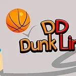 Sinisellä kynällä piirretty viiva, oranssi koripallo ja DD Dunk Line -teksti harmaalla taustalla