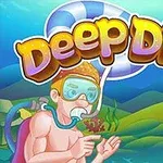 Sukeltaja snorkkelilla merenalaisessa maisemassa värikkään Deep Dive -tekstin alla