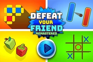 Neljä värikästä pelialuetta, joissa on erilaisia symboleja ja keskellä suurella tekstillä Defeat Your Friend Remastered
