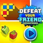 Neljä värikästä pelialuetta, joissa on erilaisia symboleja ja keskellä suurella tekstillä Defeat Your Friend Remastered