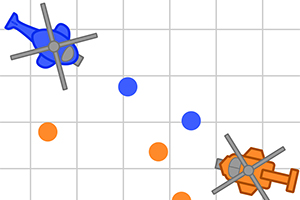 Sininen ja oranssi helikopteri ruudukolla, ympärillään sinisiä ja oransseja palloja