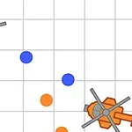Sininen ja oranssi helikopteri ruudukolla, ympärillään sinisiä ja oransseja palloja