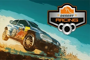 Auton ralliajoa aavikolla vauhdikkaassa graafisessa muodossa, taustalla Desert Racing -logo