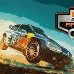 Auton ralliajoa aavikolla vauhdikkaassa graafisessa muodossa, taustalla Desert Racing -logo