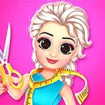 Nuori hahmo, jolla on vaaleat hiukset, pitelee keltaisia saksia ja mittanauhaa pinkkiä taustaa vasten