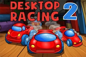 Kolme punaista piirrettyä autoa puisella pöydällä, taustalla teksti Desktop Racing 2