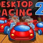 Kolme punaista piirrettyä autoa puisella pöydällä, taustalla teksti Desktop Racing 2