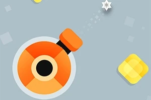 Oranssi ja harmaa tykki ampuu tähdenmuotoista ammusta sinisellä taustalla, jossa on keltaisia ja harmaita neliöitä