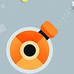 Oranssi ja harmaa tykki ampuu tähdenmuotoista ammusta sinisellä taustalla, jossa on keltaisia ja harmaita neliöitä