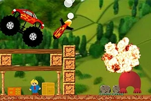 Punainen monsteriauto hyppää ilmassa, raketti lentää ja maassa tapahtuu räjähdys laatikoiden ja vihreän maiseman edessä