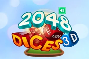 Teksti 2048 Dices 3D värikkäiden noppien päällä vaaleansinisellä taustalla