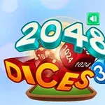 Teksti 2048 Dices 3D värikkäiden noppien päällä vaaleansinisellä taustalla