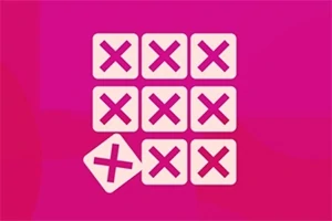 Pinkillä taustalla on kolme kertaa kolme ruudukko, jossa kaikissa neliöissä on X-merkki, ja yksi neliö on vinossa kuvan ulkopuolella