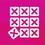 Pinkillä taustalla on kolme kertaa kolme ruudukko, jossa kaikissa neliöissä on X-merkki, ja yksi neliö on vinossa kuvan ulkopuolella