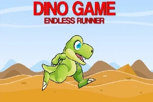 Vihreä dinosaurusanimaatio juoksee aavikolla vuorten edessä, yläosassa lukee punaisella DINO GAME ENDLESS RUNNER