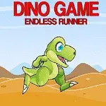Vihreä dinosaurusanimaatio juoksee aavikolla vuorten edessä, yläosassa lukee punaisella DINO GAME ENDLESS RUNNER