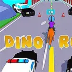 Hahmo ratsastaa dinosauruksella tiellä, jota ympäröivät poliisiautot ja liikennekartioita, sekä keltainen teksti Dino Rush